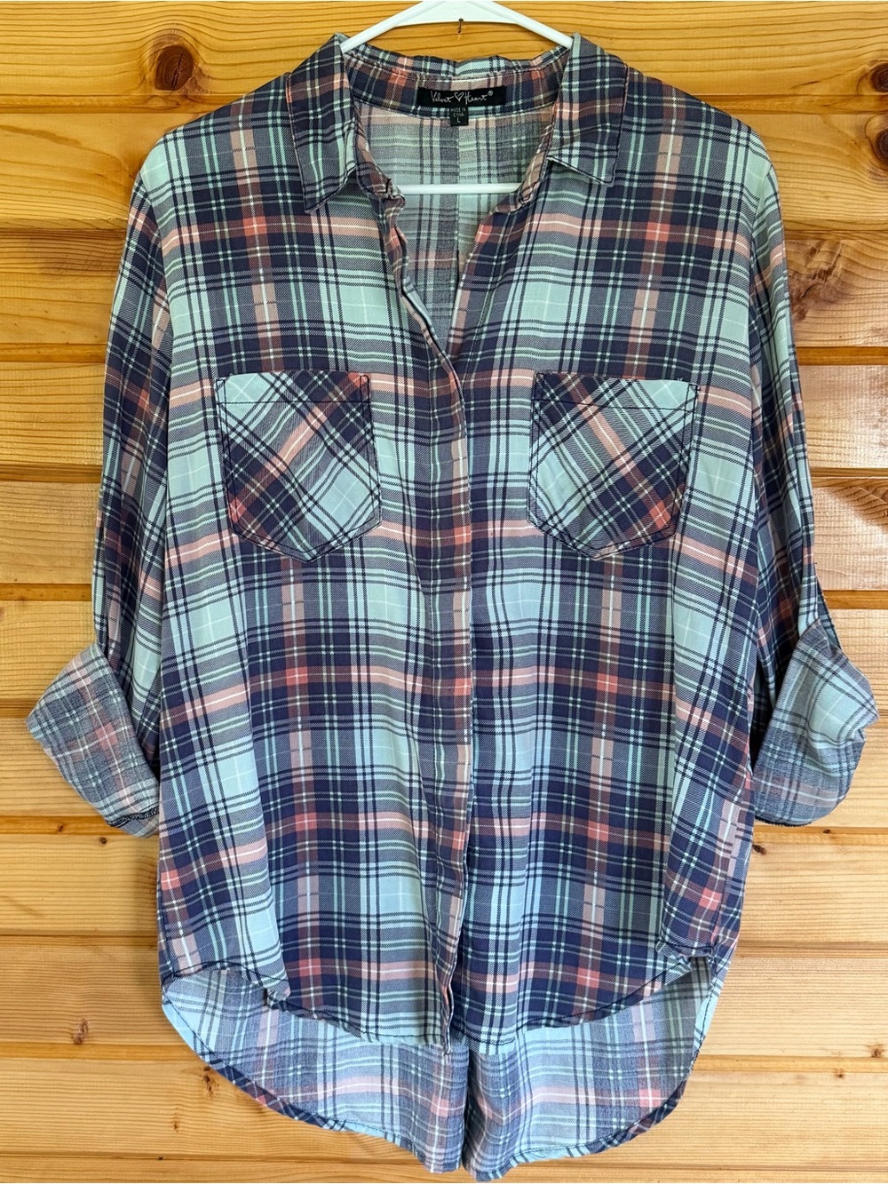 Velvet Heart Light Weight Navy & Coral Plaid Button-Down Shirt